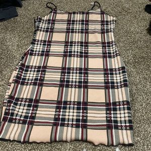 SHEIN nude plaid bodycon spaghetti strap lettuce trim mini dress